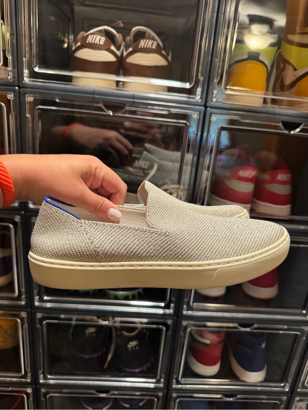 Rothy's Slip-On Sneakers in Cream with Blue Accent